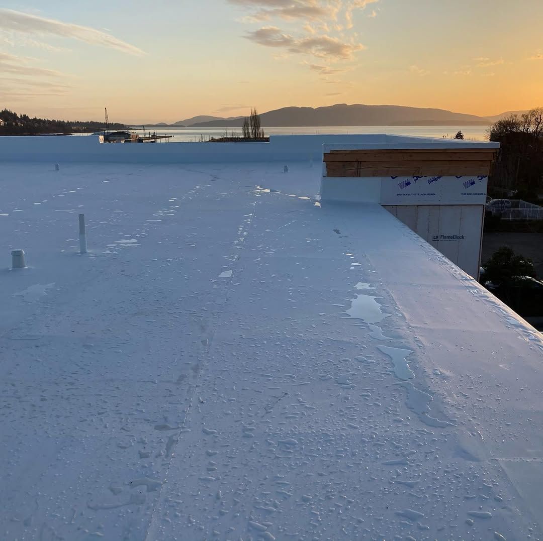 A white roof with a view of a body of water and mountains in the background.