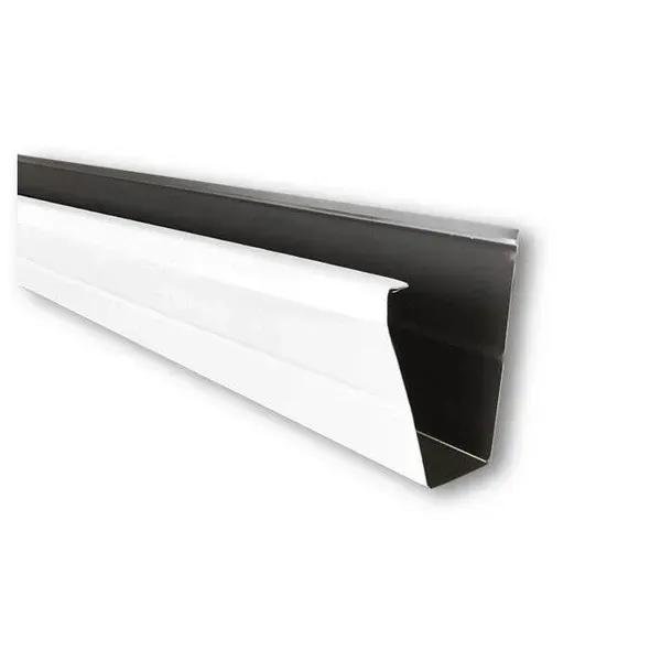 A diagram of a white gutter with a black trim on a white background.